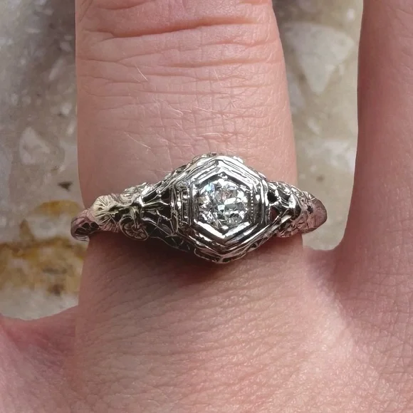 Antique Filigree 14k White Gold Old Mine Cut Diamond Engagement Ring - Picture 2 of 16